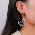 Round Hanging Lotus Flower Silver Earrings