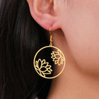 Round Hanging Lotus Flower Gold Earrings