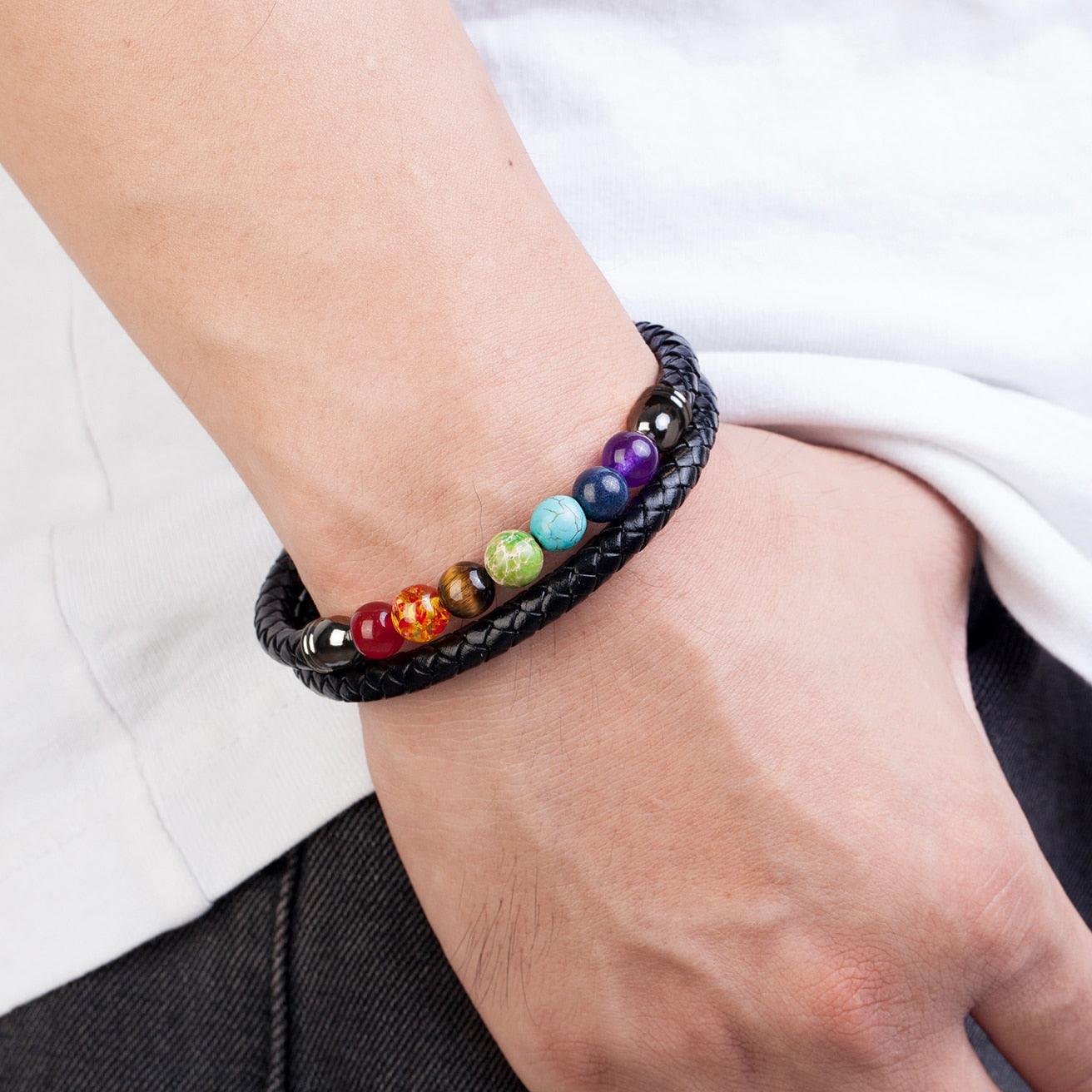 Bracelet 7 Chakras En Cuir Homme Femme