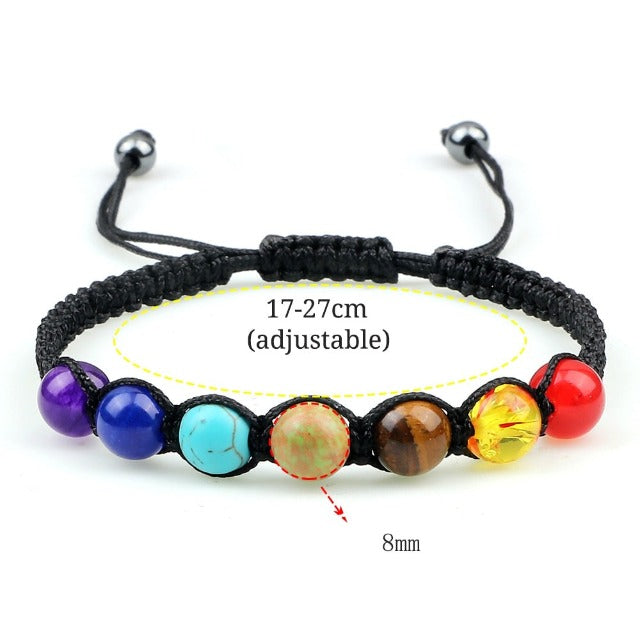 7 Chakras Braided Chain Bracelet Men Women Real Black Stones