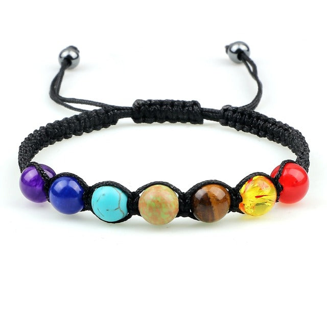 7 Chakras Braided Chain Bracelet Men Women Real Black Stones