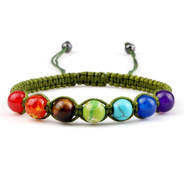 7 Chakras Braided Chain Bracelet Men Women Real Green Stones