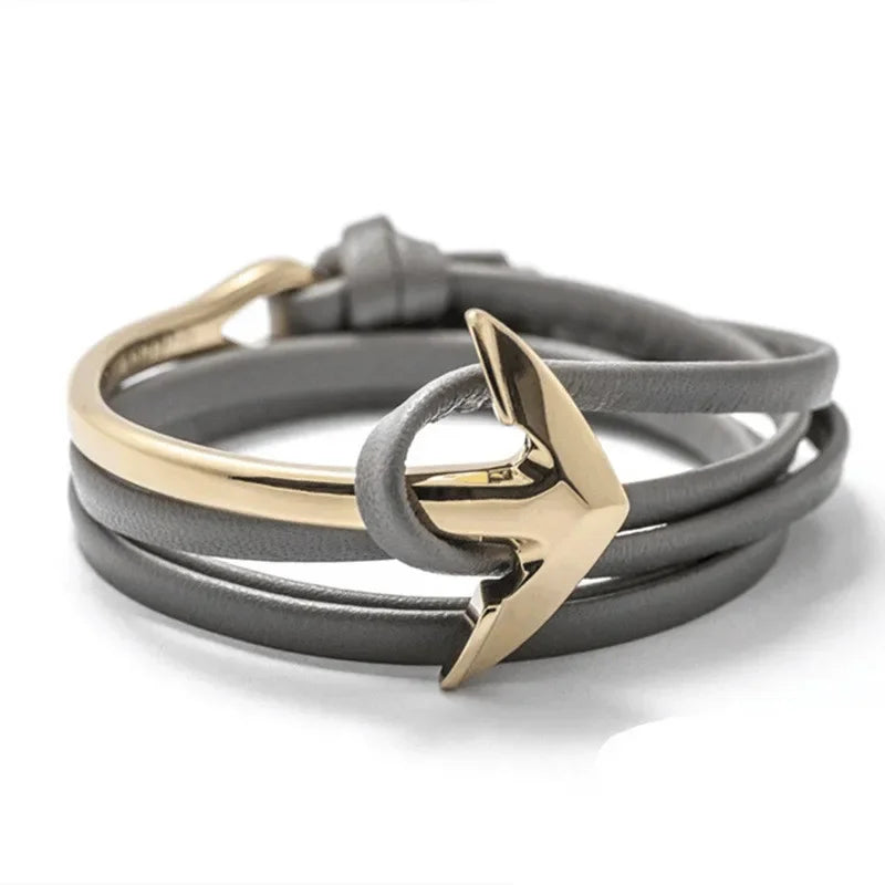 Bracelet large ajustable ancre or et gris