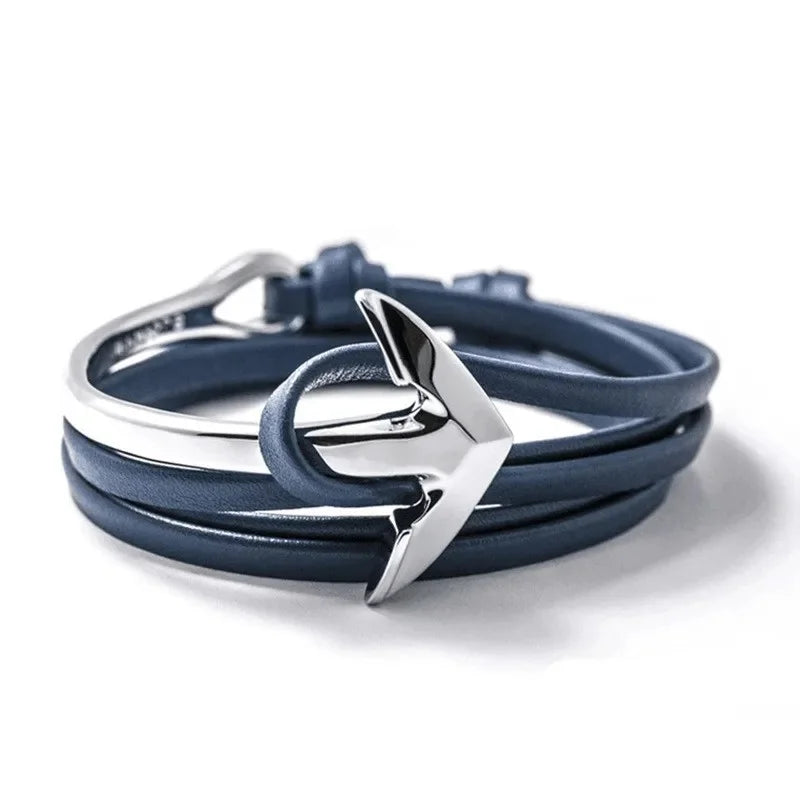 Bracelet large ajustable ancre argent et bleu
