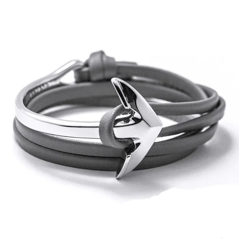 Bracelet large ajustable ancre argent et gris