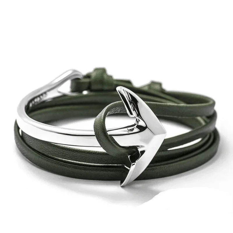 Bracelet large ajustable ancre argent et vert