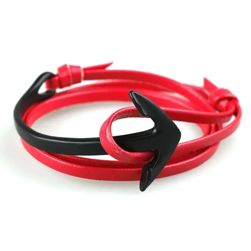 Bracelet large ajustable ancre noir et rouge