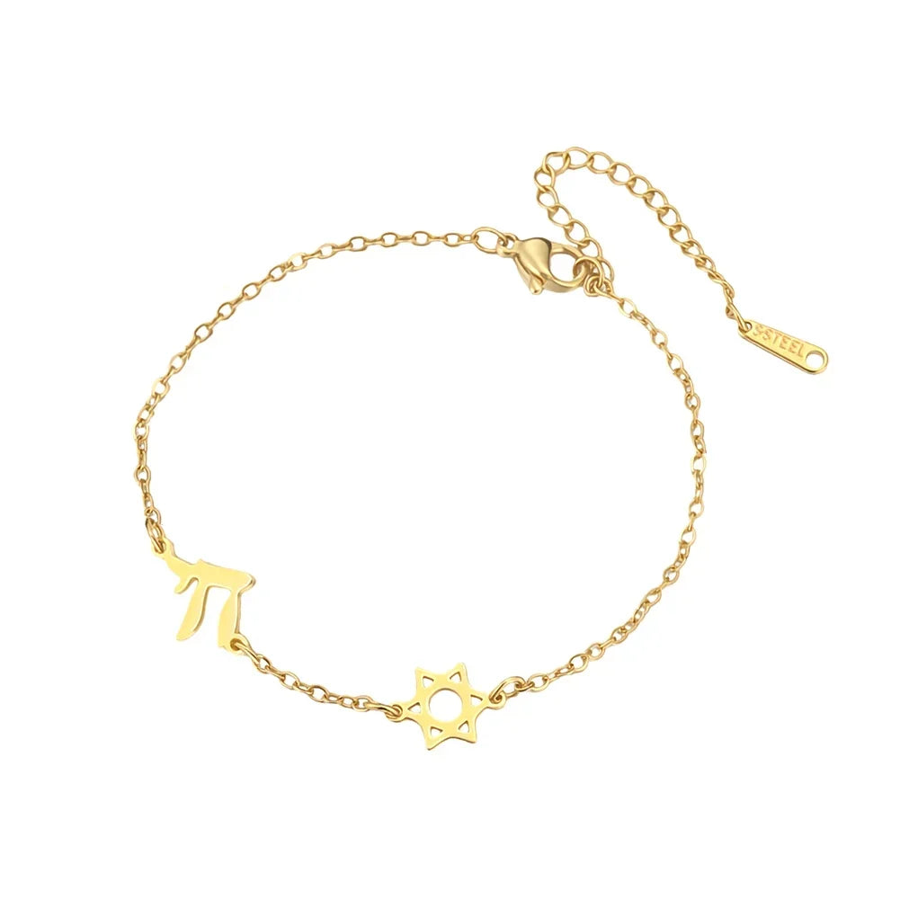 Bracelet ajustable avec l'étoile de David et Chai symboles d'appartenance juive or