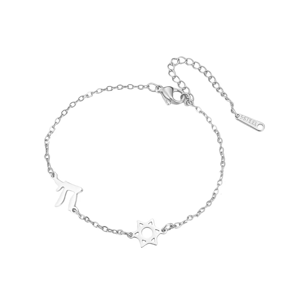 Bracelet ajustable avec l'étoile de David et Chai symboles d'appartenance juive argent