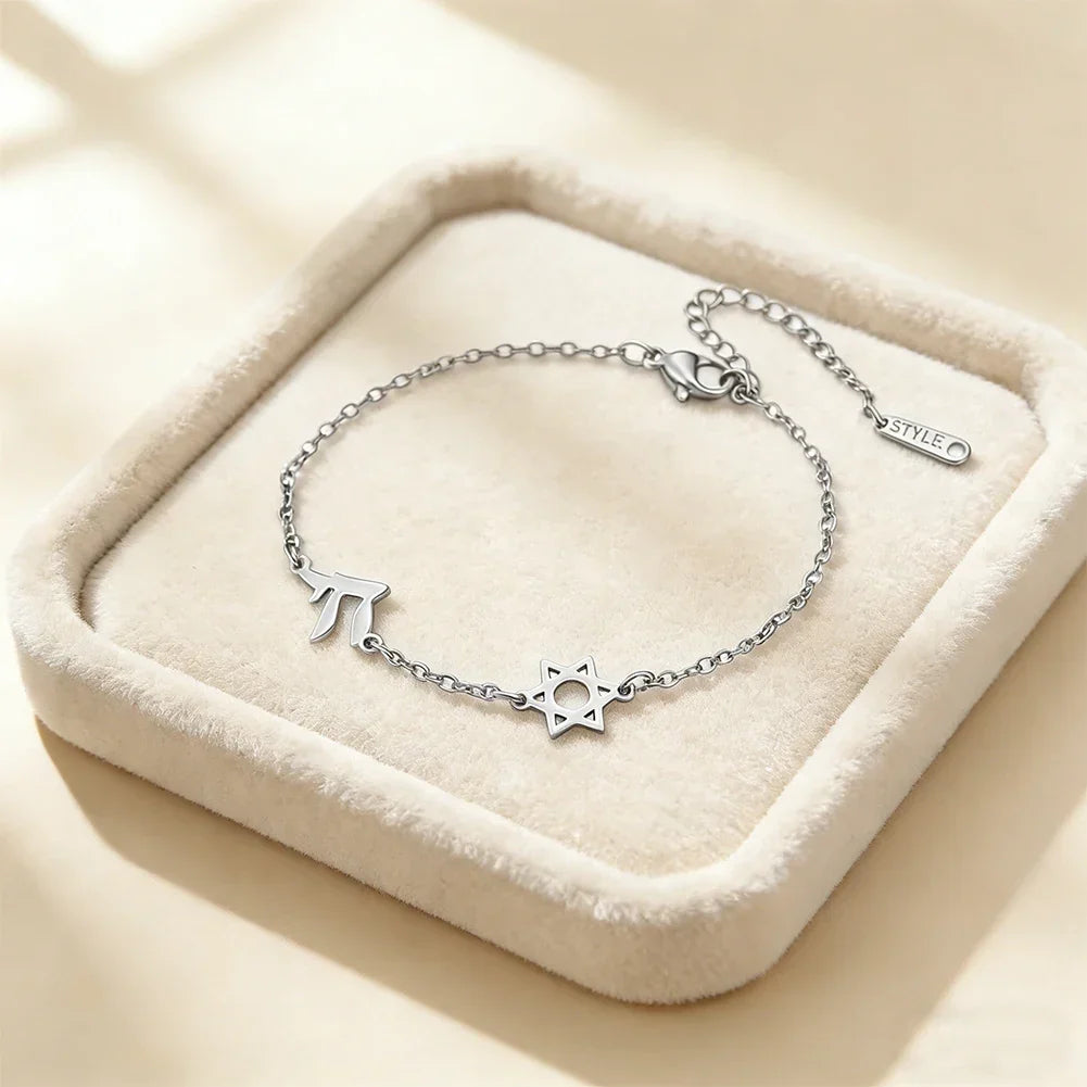 Bracelet ajustable avec l'étoile de David et Chai symboles d'appartenance juive argent