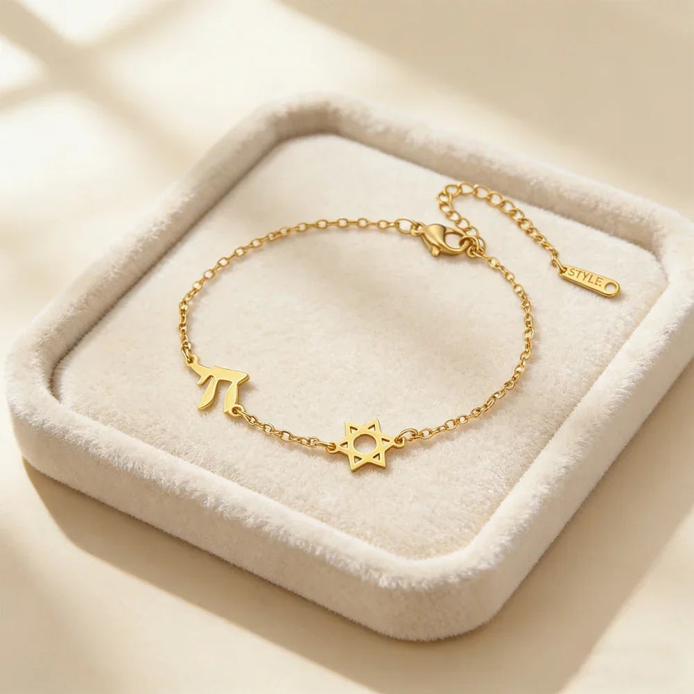 Bracelet ajustable avec l'étoile de David et Chai symboles d'appartenance juive or