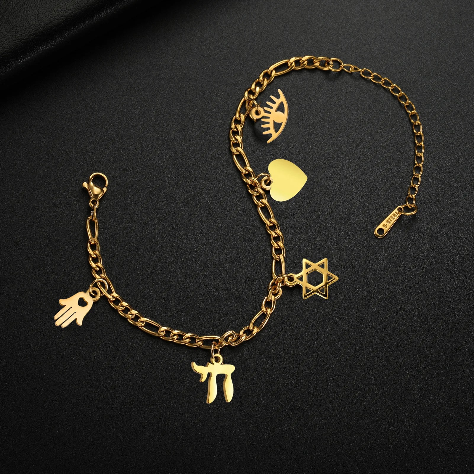 Bracelet ajustable avec pendentifs de protection juive or