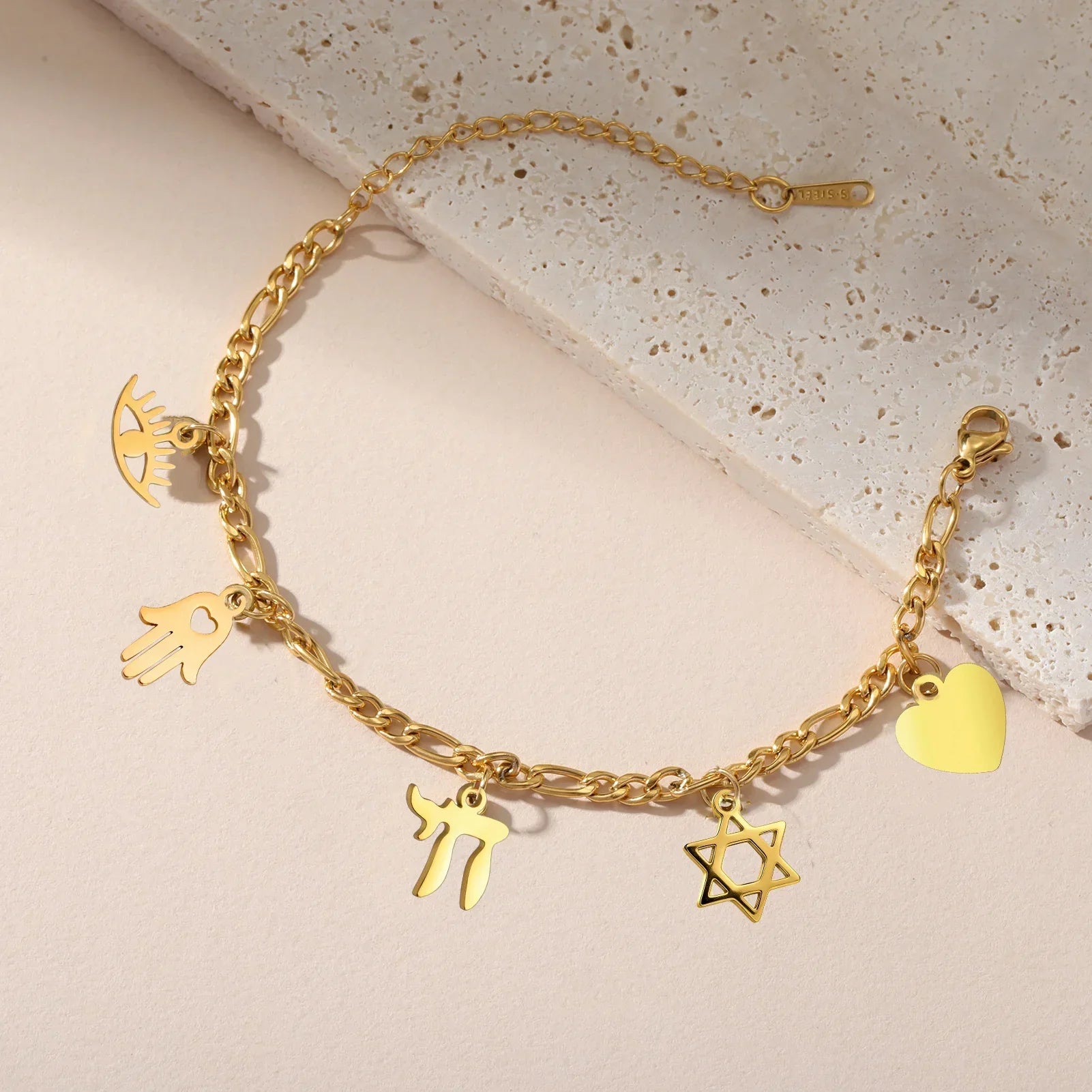 Bracelet ajustable avec pendentifs de protection juive or