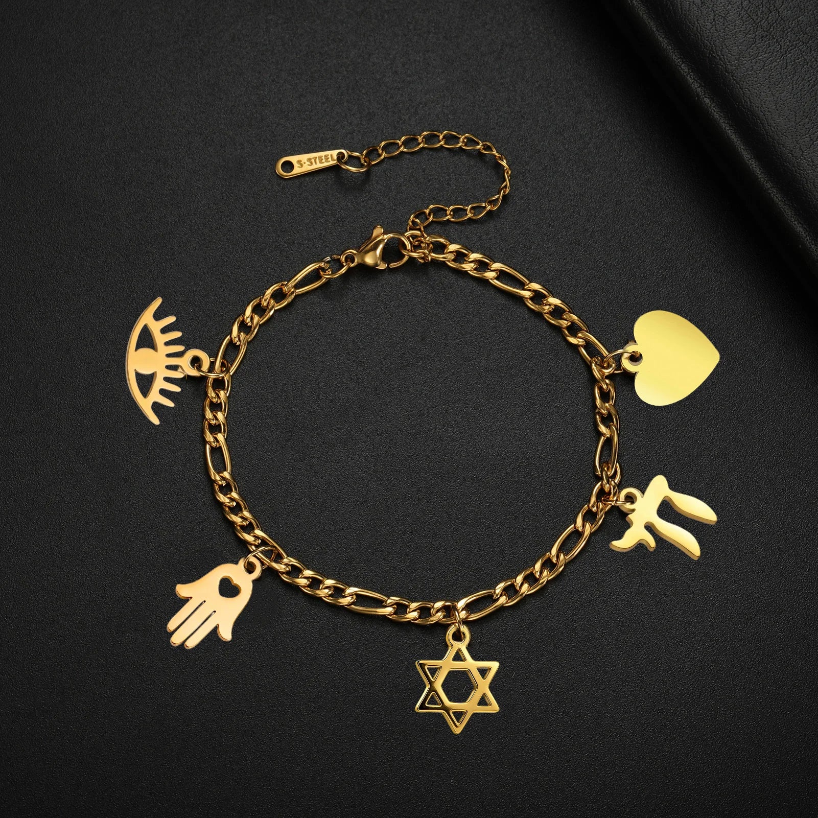 Bracelet ajustable avec pendentifs de protection juive or