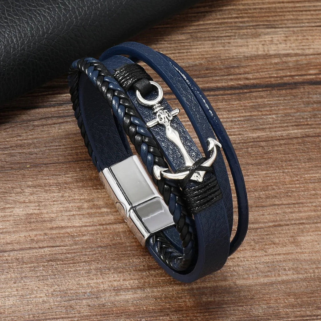 Bracelet ancre en cuir bleu