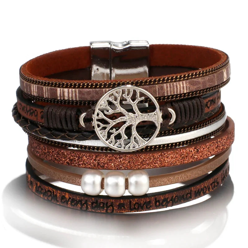 Life Tree Bracelet Brown Leather Chain