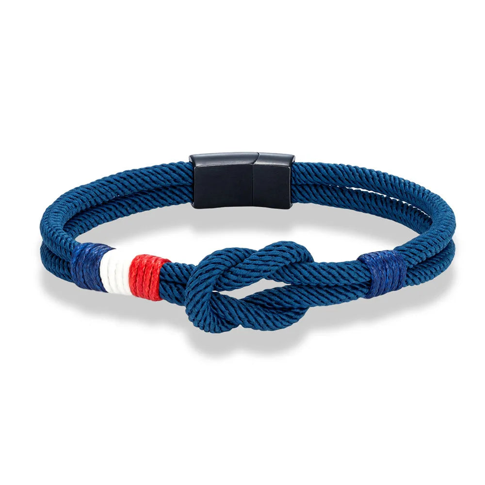 Bracelet noué en corde avec le drapeau français bleu