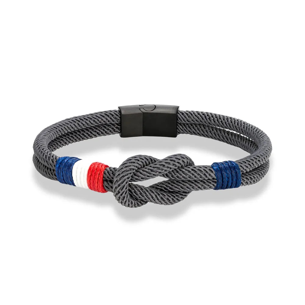 Bracelet noué en corde avec le drapeau français gris foncé