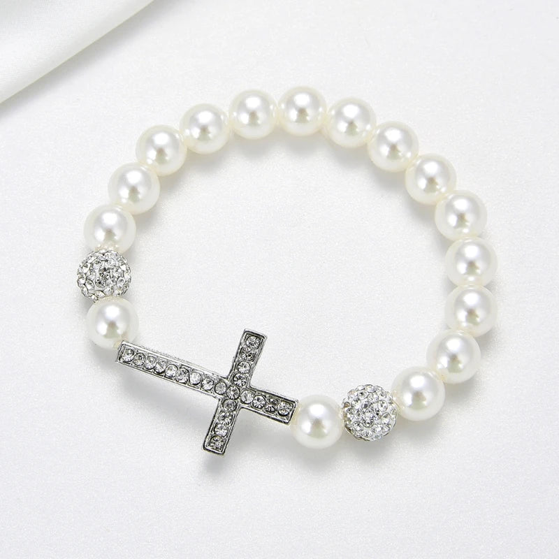 Bracelet with White Beads and Cross