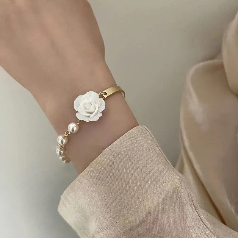 Bracelet with Beads and White Rose Flower