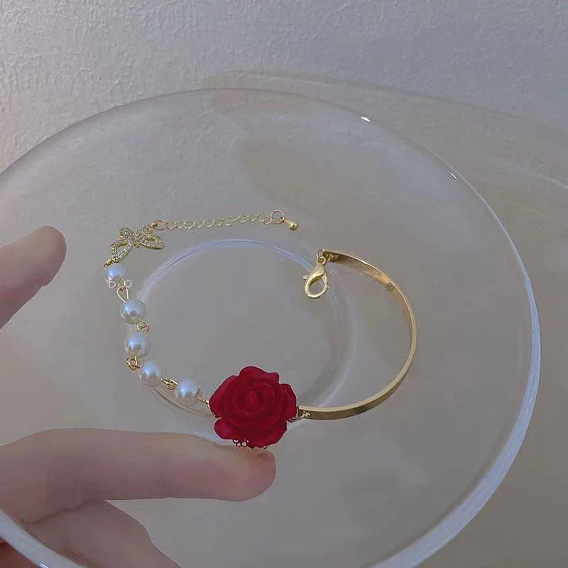 Bracelet with Beads and Red Rose Flower