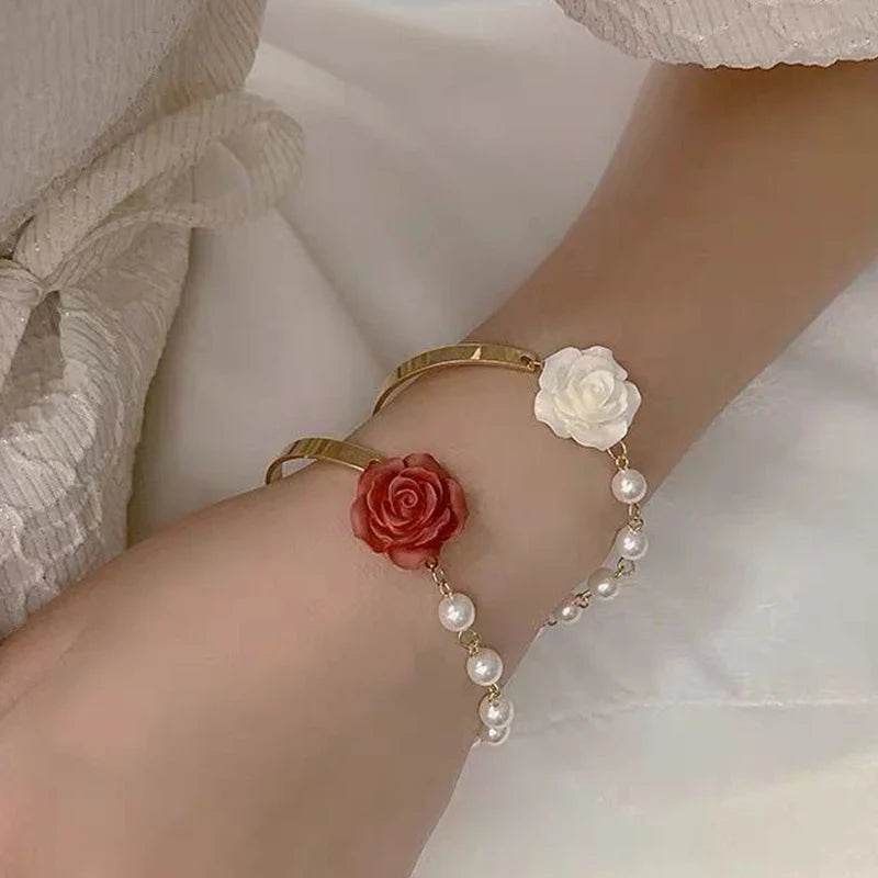 Bracelet with Beads and Red Rose Flower
