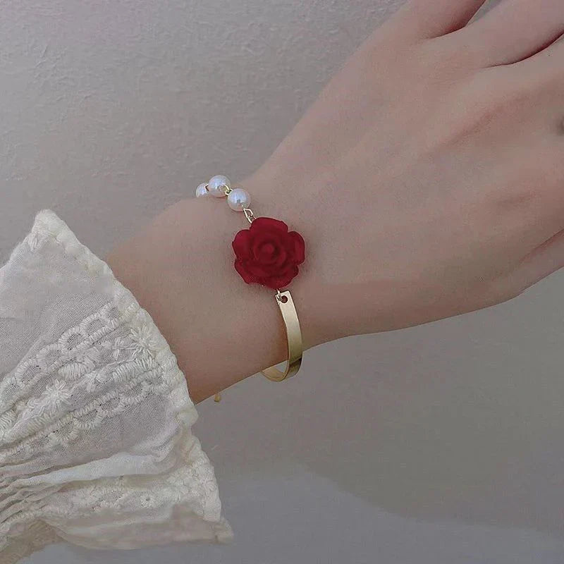 Bracelet with Beads and Red Rose Flower