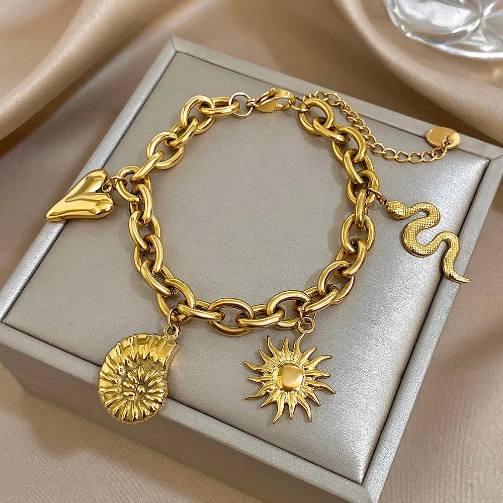 Bracelet with Sun and Shells for Men or Women gold