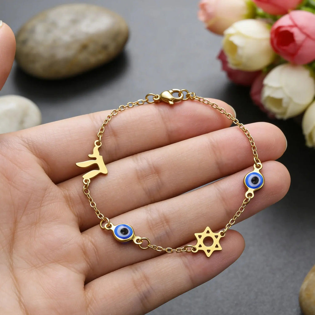 Bracelet avec symboles de protection oeil bleu, Chai et l'étoile de David or