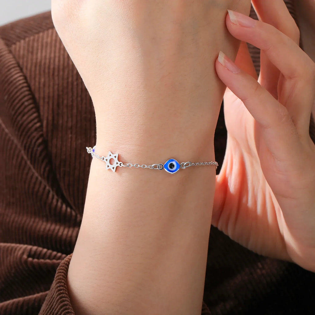 Bracelet avec symboles de protection oeil bleu, Chai et l'étoile de David argent