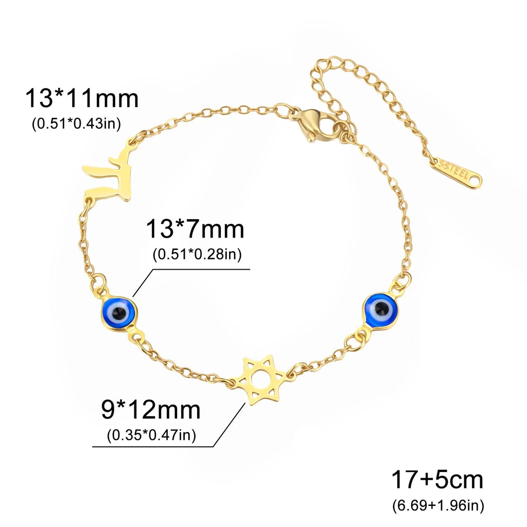 Bracelet avec symboles de protection oeil bleu, Chai et l'étoile de David or