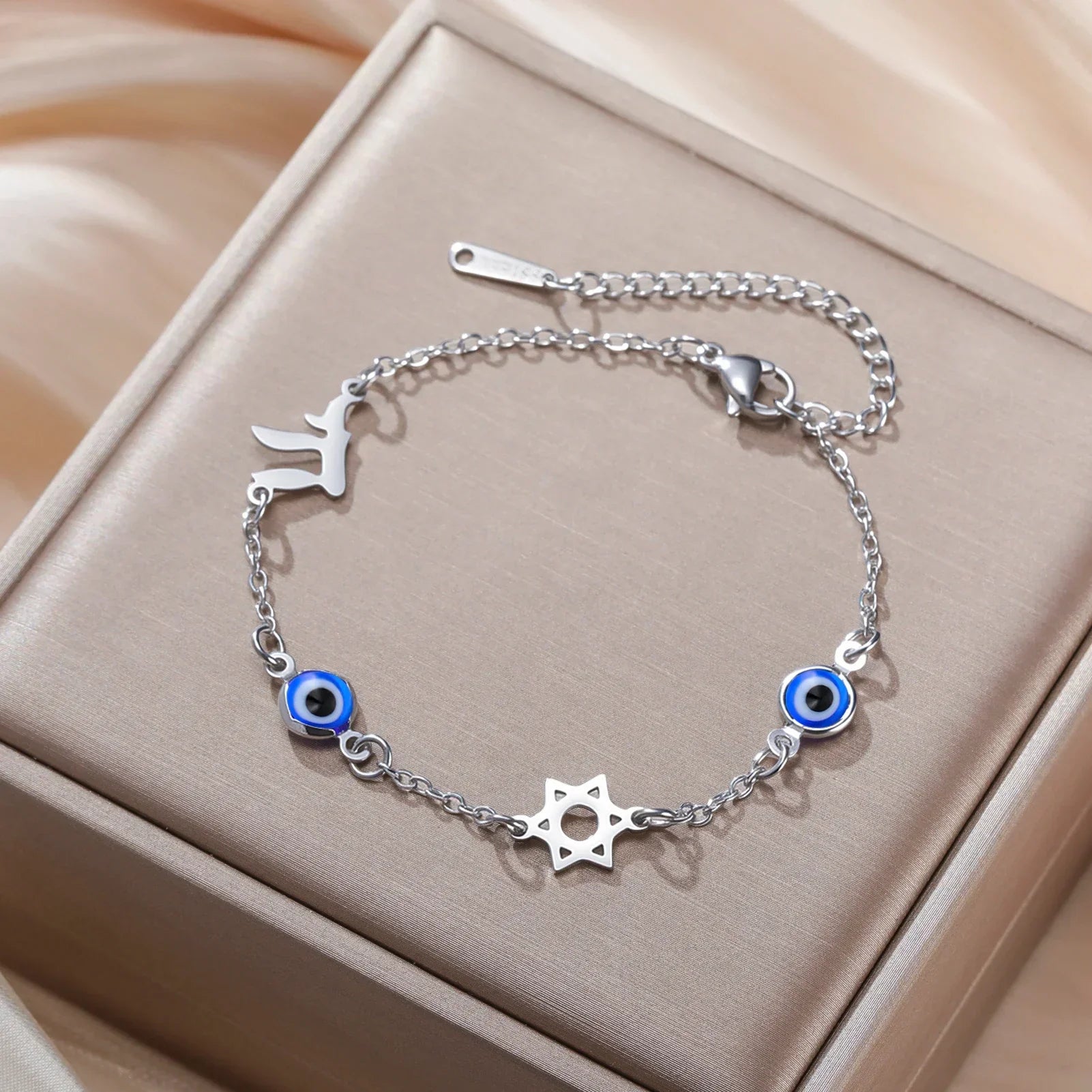 Bracelet avec symboles de protection oeil bleu, Chai et l'étoile de David argent