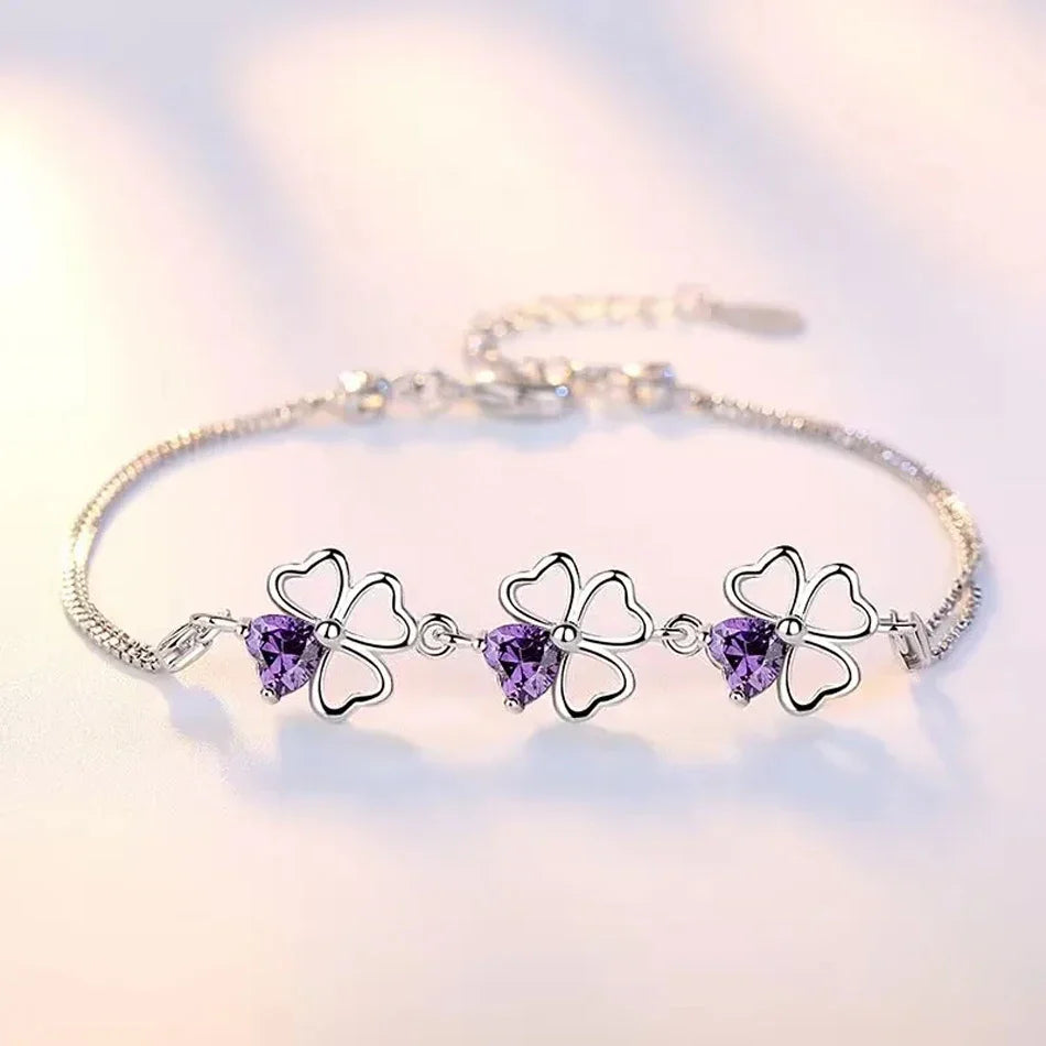 Bracelet with 4-Leaf Clovers with Purple Zircon