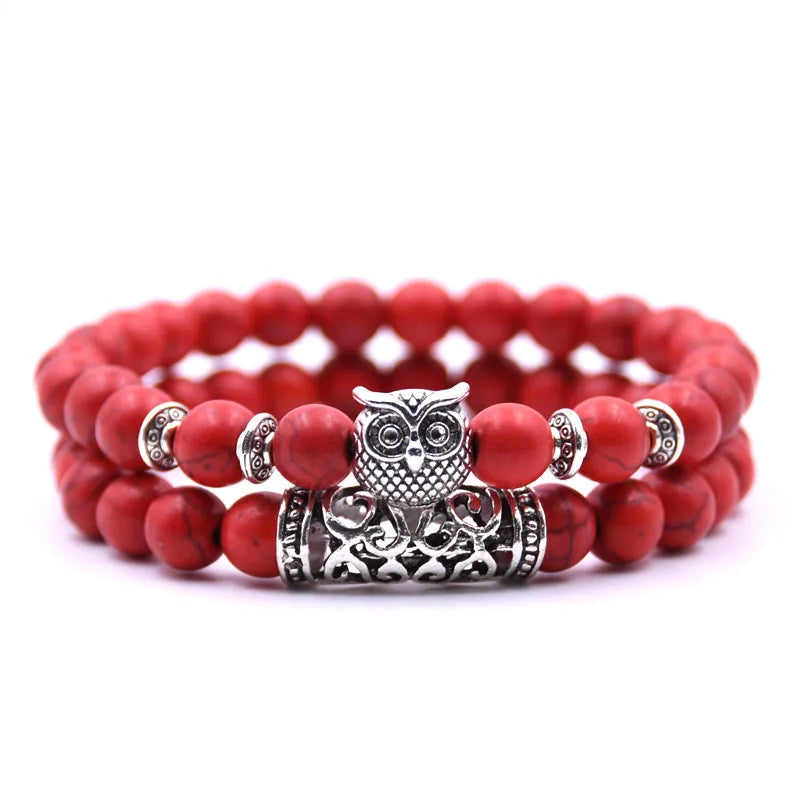 Owl Bracelet - Owl Chain Red Beads