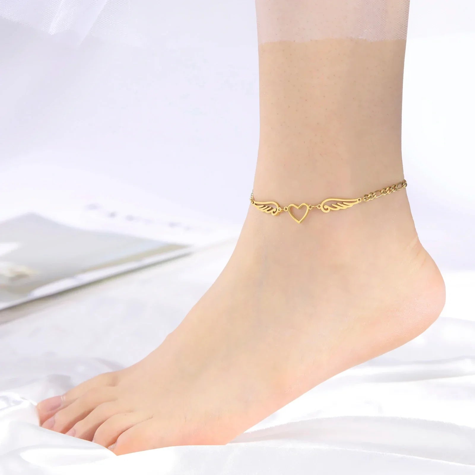 Bracelet coeur et ailes d'ange or