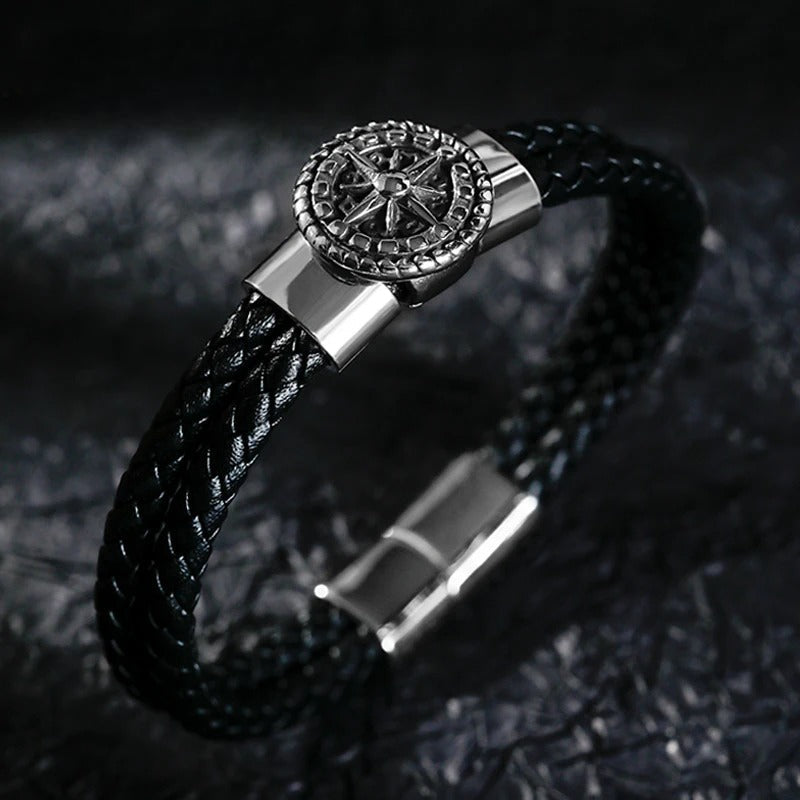 Men's Compass Leather Bracelet Compass Rose Black