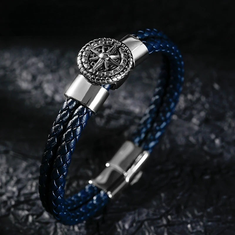 Men's Compass Leather Bracelet Compass Rose Blue