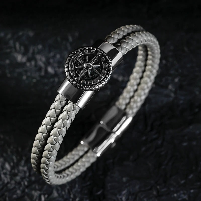 Men's Compass Leather Bracelet Compass Rose Gray