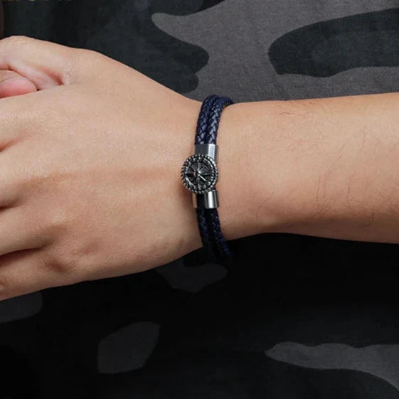 Men's Compass Leather Bracelet Compass Rose Black