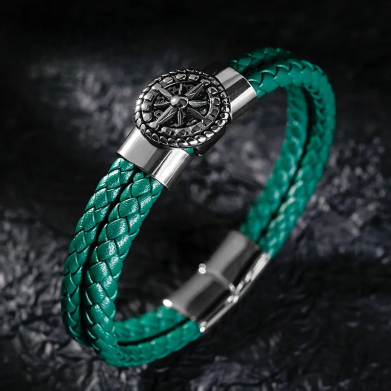 Men's Compass Leather Bracelet Compass Rose Green