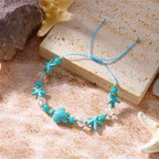 Bracelet cordon avec coquillage et étoile de mer bleu tortue