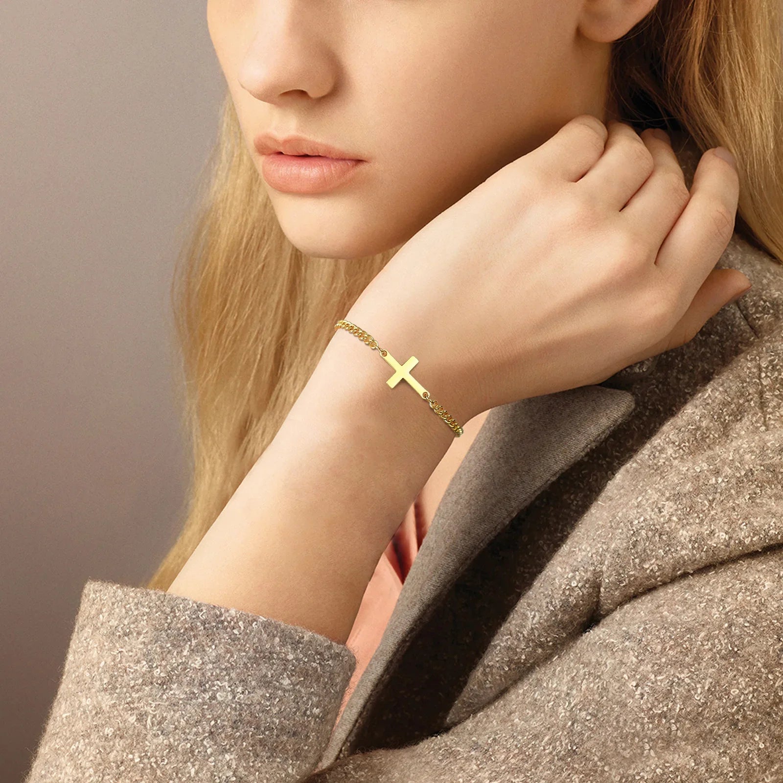 Men's or Women's Gold Chain Link Cross Bracelet