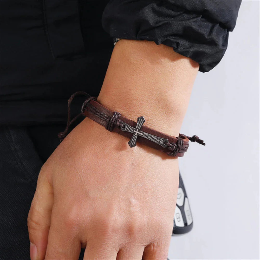 Men's Brown Leather Cross Bracelet