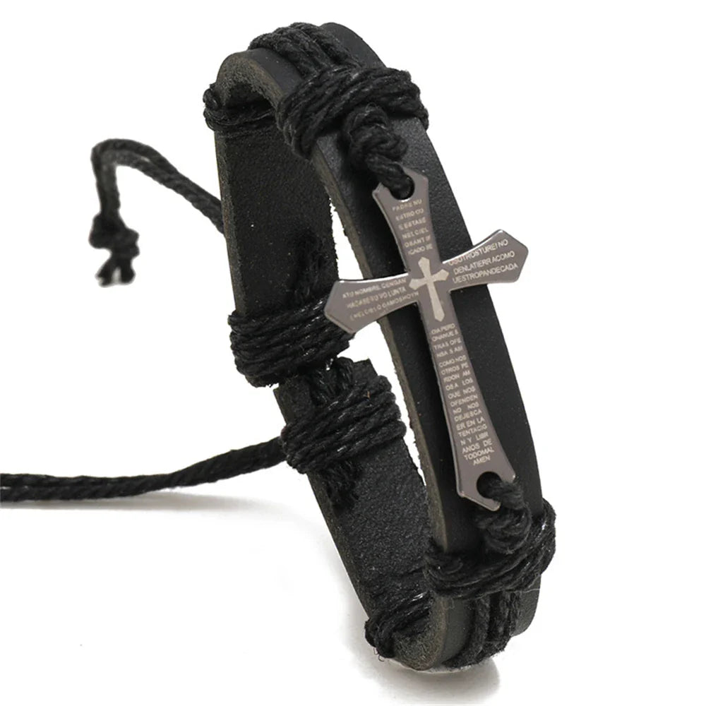 Men's Black Leather Cross Bracelet