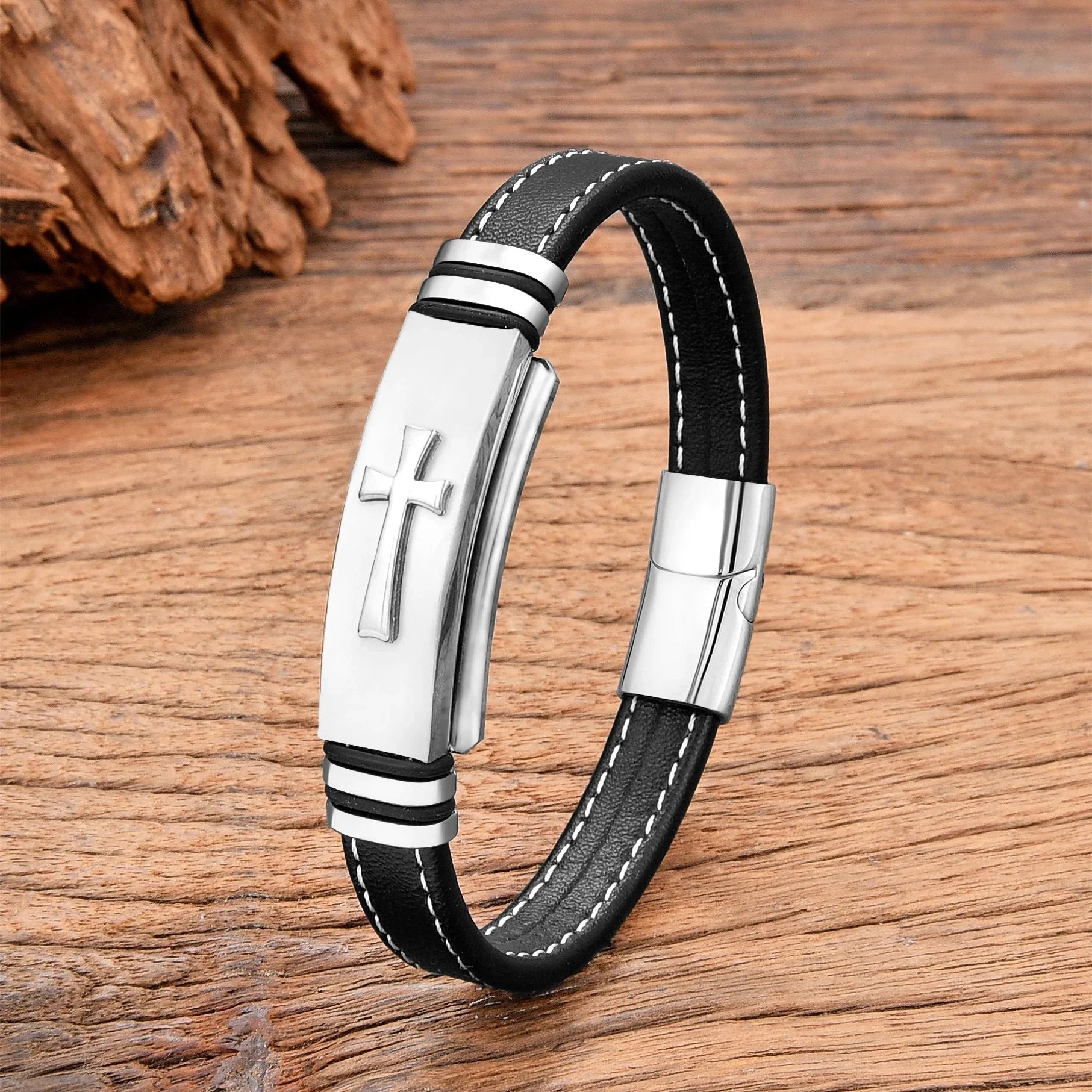 Black Leather Cross Bracelet style a white