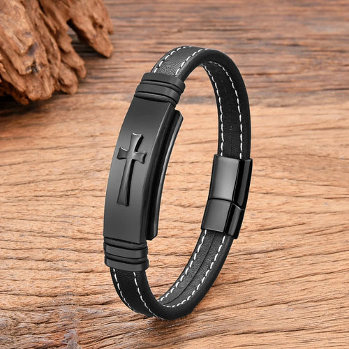 Black Leather Cross Bracelet style a black