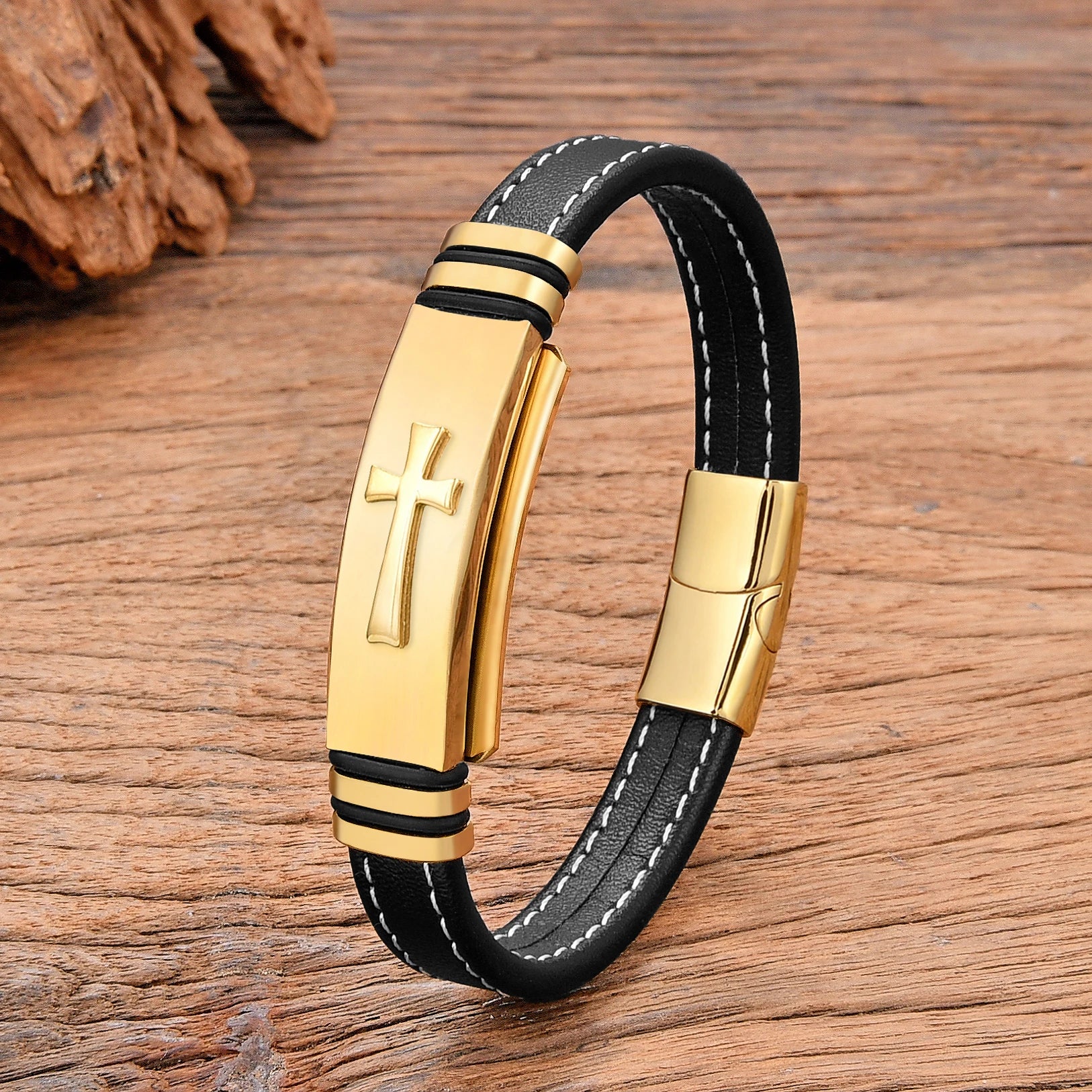 Black Leather Cross Bracelet style a gold