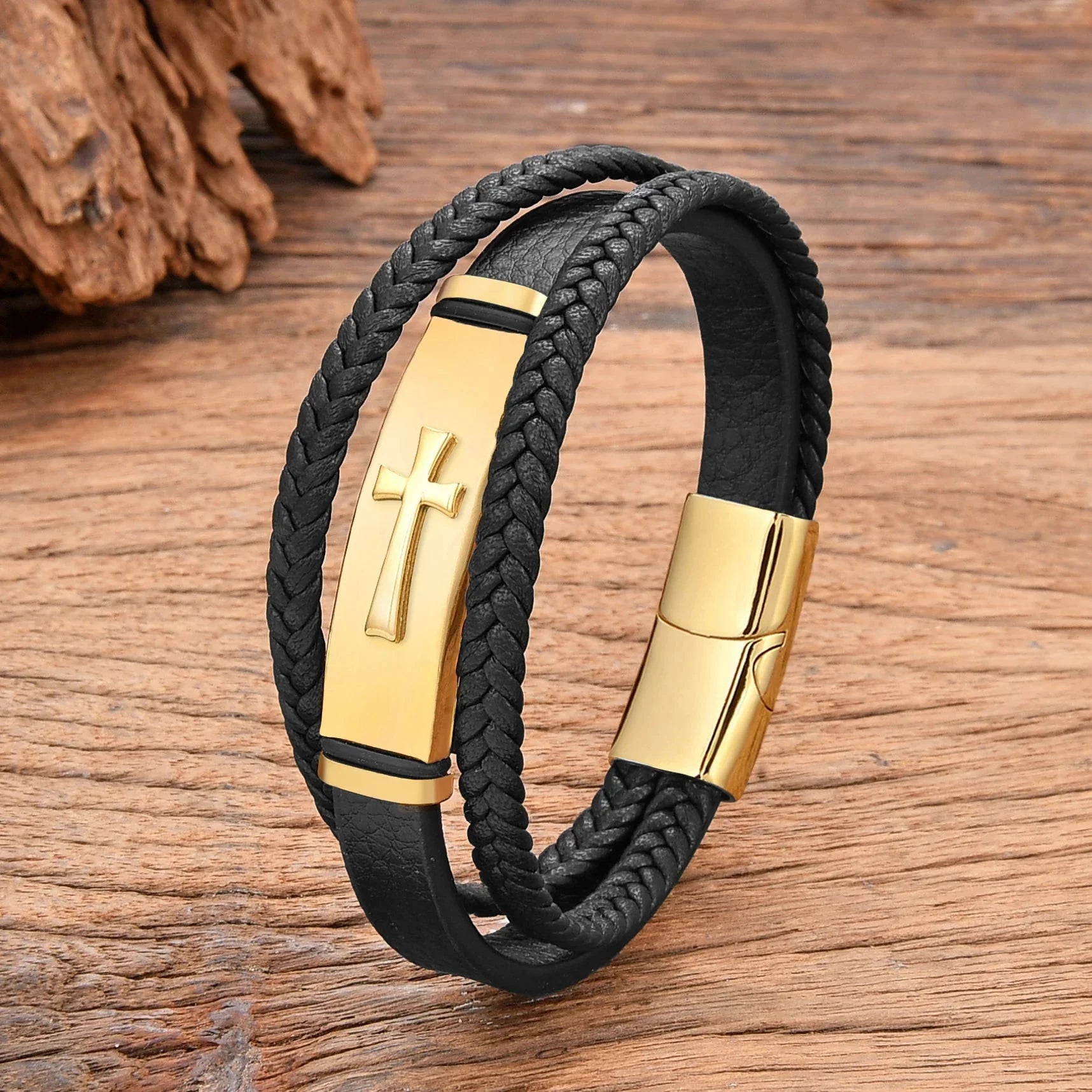 Black Leather Cross Bracelet style b gold
