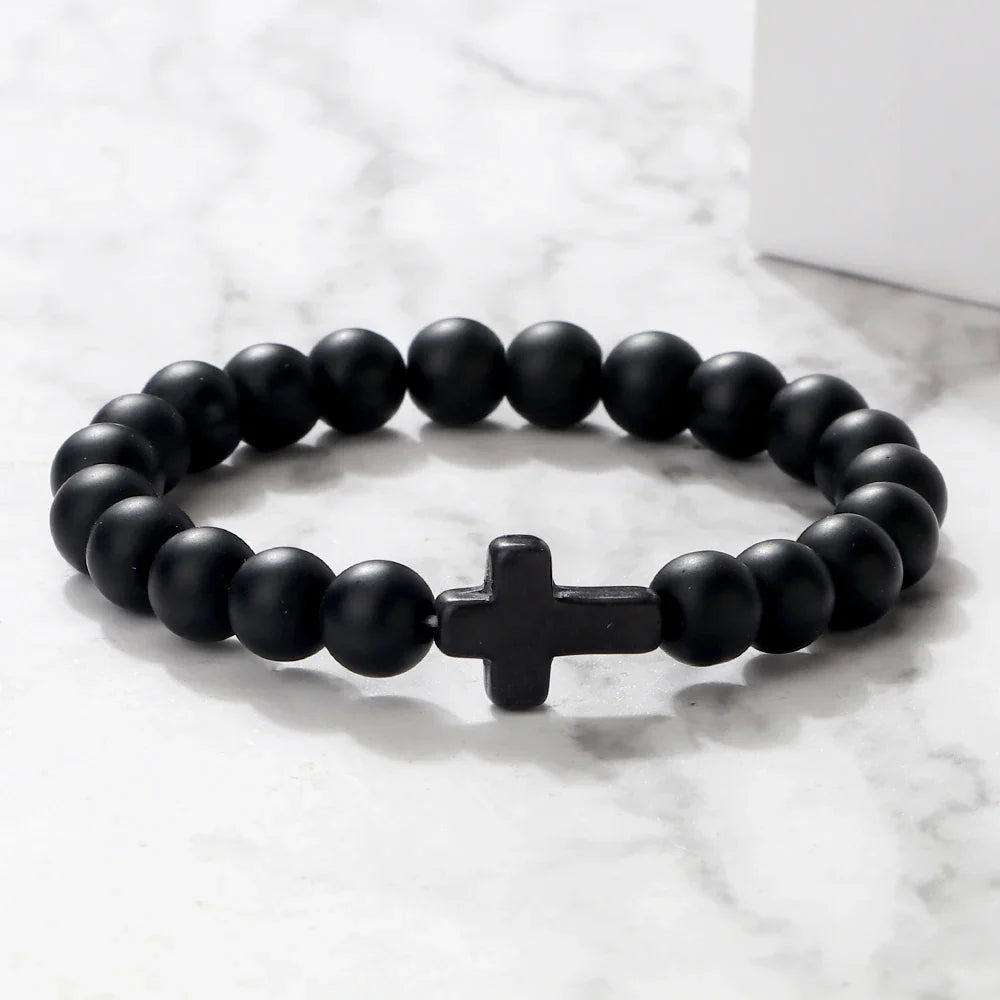 Cross Bracelet in Shiny Black Natural Stones