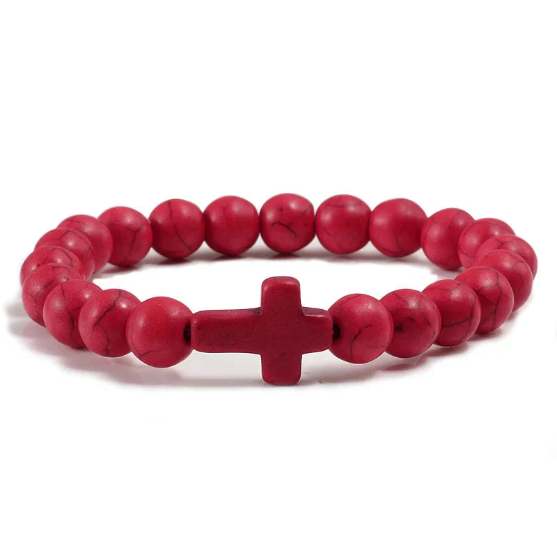Cross Bracelet in Red Natural Stones